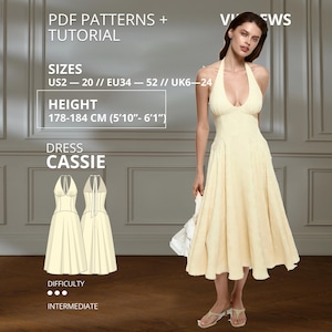 May include: A pale yellow halter-neck midi dress with a deep V-neckline and a flared skirt. The image includes text: PDF PATTERNS + TUTORIAL, SIZES US2-20, HEIGHT 178-184 CM (5'10"-6'1"), DRESS CASSIE, DIFFICULTY INTERMEDIATE, and a line drawing illustration.