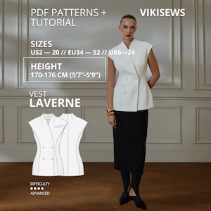 Puede incluir: Un chaleco blanco de doble botonadura con cuello alzado y mangas cortas, combinado con una falda midi negra y leggings con estribos. El texto incluye PDF PATTERNS + TUTORIAL, VIKISEWS, SIZES US2-20, EU34-52, UK6-24, HEIGHT 170-176 CM, VEST LAVERNE, ADVANCED.