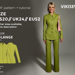 May include: A woman in a lime green blazer and trousers, carrying a pink bag. The image includes text: "PDF pattern + tutorial", "SIZE US20 // UK24 // EU52", and "BLAZER SOLANGE". The difficulty level is marked as advanced.
