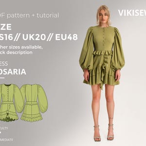 May include: A light green dress with long, voluminous sleeves and a ruffled skirt, worn by a woman. The dress, named "ROSARIA," features a button-up front. The image includes a pattern diagram and size details: US16, UK20, and EU48.