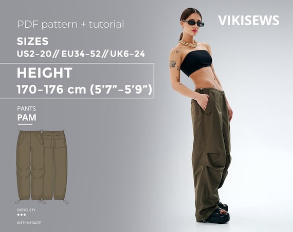 Pam cargo pants 170-176 height US sizes 2 - 20 pattern, oversized pants pattern with pdf tutorial, drawstring baggy trousers sewing pattern