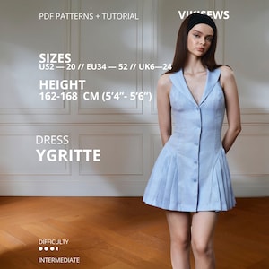 May include: A light blue sleeveless dress with a collared V-neckline, a button-down front, and a pleated skirt. Text on the image includes PDF PATTERNS + TUTORIAL, VIKISEWS, SIZES US2-20, EU34-52, UK6-24, HEIGHT 162-168 CM (5'4"-5'6"), DRESS YGRITTE.