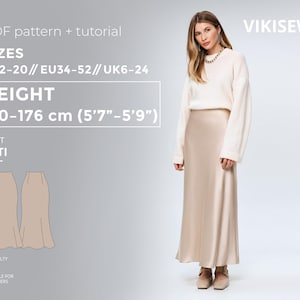 Sati Skirt 170-176 Height US sizes 2 - 20 Pattern, Satin Skirt sewing pattern with tutorial
