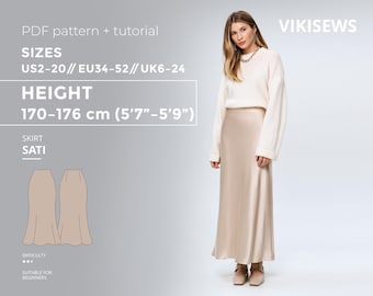 Sati Skirt 170-176 Height US sizes 2 - 20 Pattern, Satin Skirt sewing pattern with tutorial