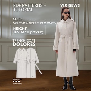 Könnte beinhalten: Ein beiger Trenchcoat mit Kragen, langen Ärmeln und einem Gürtel in der Taille. Der Text umfasst PDF PATTERNS + TUTORIAL, VIKISEWS, SIZES US2-20, EU34-52, UK6-24, HEIGHT 170-176 CM, TRENCH COAT DOLORES und DIFFICULTY ADVANCED mit einer Skizze.