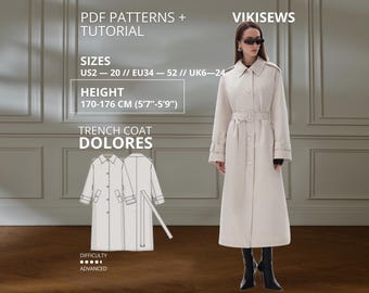 May include: A beige trench coat with a collar, long sleeves, and a belted waist. Text includes PDF PATTERNS + TUTORIAL, VIKISEWS, SIZES US2-20, HEIGHT 170-176 CM (5'7"-5'9"), TRENCH COAT DOLORES, and DIFFICULTY ADVANCED with a technical line drawing.
