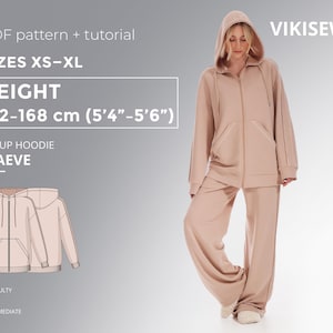 Modello di cucito PDF con tutorial per la felpa con cappuccio Maeve Zip-up, taglia XS-XL per altezza 162-168 cm