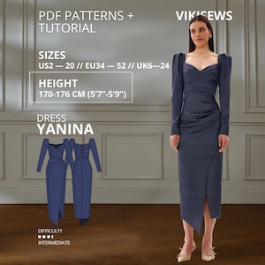 Peut inclure: Une robe bleu marine à manches longues avec un décolleté en cœur, une taille froncée et une fente avant. Le texte inclut PDF PATTERNS + TUTORIAL, VIKISEWS, SIZES EU34-52, HEIGHT 170-176 CM, DRESS YANINA et DIFFICULTY INTERMEDIATE.