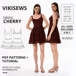 Cherry Dress pdf Sewing Pattern Bundle EU 34-52 Height 154-184 cm| Lined Dress Sewing Pattern Bundle Midi Dress Bundle Dress with Bust Cups