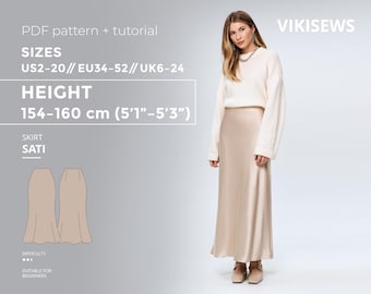 Sati Skirt Sewing Pattern PDF US 2–20 | Silk Midi Skirt Pattern French Seams Slip Skirt DIY Midi Satin Skirt Pattern Height 154-160 cm