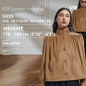 May include: A tan suede jacket with a high collar and button closure. The jacket has a slightly puffed sleeve design. The image also includes text that reads "PDF pattern + tutorial", "JACKET PHILANTHA", and size and height information (178-184 cm).