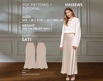Puede incluir: Un patrón de costura digital para la falda Sati de Vikisews, que muestra una falda larga de satén color crema. La imagen incluye el texto: PDF PATTERNS + TUTORIAL, VIKISEWS, SIZES US2-20, HEIGHT 170-176 CM (5'7"-5'9"), SKIRT SATI y DIFFICULTY.