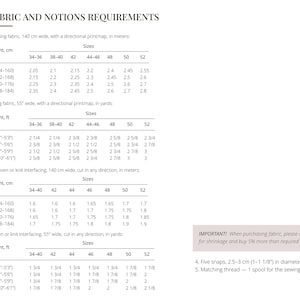 Puede incluir: Una p&aacute;gina blanca con el t&iacute;tulo "FABRIC AND NOTIONS REQUIREMENTS" y tablas que detallan las medidas de tela e entretela en metros y yardas, con tablas de tallas para diferentes alturas y tallas. Incluye una nota sobre la contracci&oacute;n.