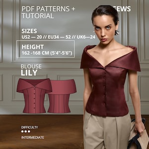 Op de afbeelding: Een PDF-naaipatroon voor de Lily-blouse, met een donkerrode off-shoulder top met een brede omgeslagen kraag en knoopsluiting aan de voorzijde. Het patroon bevat de maten EU 34-52 voor lengtes van 162-168 cm en heeft een gemiddelde moeilijkheidsgraad.