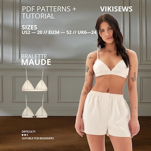 Może przedstawiać: Biały komplet składający się z braletki i szortów z cienkimi ramiączkami oraz zapięciem na guziki. Tekst zawiera PDF PATTERNS + TUTORIAL, VIKISEWS, SIZES US2-20, EU34-52, UK6-24, BRALETTE MAUDE oraz DIFFICULTY 1/3. Projekt posiada trójkątne miseczki.