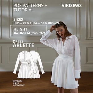 Puede incluir: Un vestido camisero blanco de manga larga con cuello, frente abotonado y cintura ancha. El texto incluye PDF PATTERNS + TUTORIAL, VIKISEWS, SIZES US2-20, HEIGHT 162-168 CM (5'4"-5'6"), DRESS ARLETTE y DIFFICULTY INTERMEDIATE.