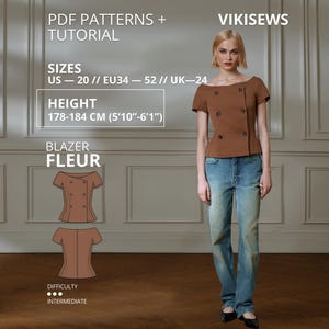 May include: A brown short-sleeved blazer with an off-the-shoulder neckline and double-breasted button closure, paired with blue denim jeans. The image includes text: PDF PATTERNS + TUTORIAL, VIKISEWS, SIZES US 20, EU 34-52, UK 24, HEIGHT 178-184 CM (5'10"-6'1"), BLAZER FLEUR, DIFFICULTY INTERMEDIATE.
