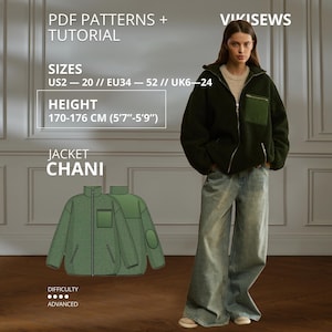 May include: A dark green fleece jacket with a front zipper, a chest pocket, and long sleeves. The image includes text: PDF PATTERNS + TUTORIAL, VIKISEWS, SIZES US2-20, EU34-52, UK6-24, HEIGHT 170-176 CM (5'7"-5'9"), JACKET CHANI, DIFFICULTY ADVANCED.