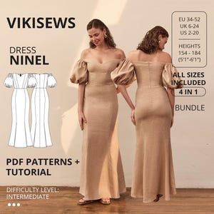 Ninel Dress pdf Sewing Pattern Bundle EU 34-52 Height 154-184cm| Dress Sewing Pattern Bundle Puff Sleeve Dress Pattern Hook & Eye Dress Set