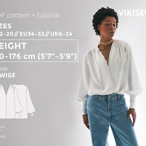 May include: A white blouse with long sleeves and button details, paired with blue jeans. The image includes text indicating the blouse pattern is available in sizes UK6-24 and for heights between 170-176 cm. The difficulty level is advanced.