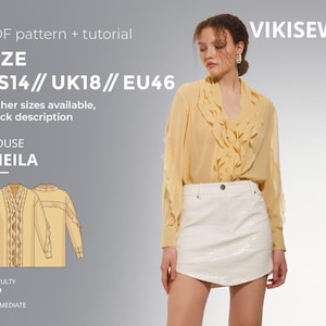 Op de afbeelding: Een vrouw draagt een lichtgele blouse met ruches en een witte rok. De afbeelding toont een PDF-patroon en tutorial voor de "SHEILA" blouse, met maten EU46, UK18 en US14. De moeilijkheidsgraad is gemiddeld.