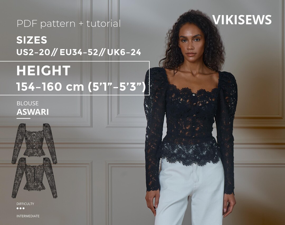 Aswari Lace Blouse Sewing Pattern With Tutorial Height 154-160cm