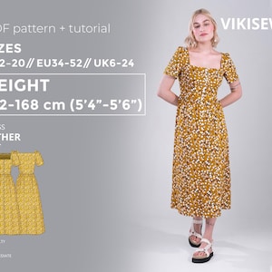 May include: A woman wearing a mustard-yellow floral print dress with a square neckline and short sleeves. The image includes a PDF pattern and tutorial for the "Esther" dress, with sizes US2-20, EU34-52, UK6-24, and a height range of 5'4"-5'6". The difficulty level is intermediate.