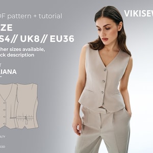Puede incluir: Una mujer viste un chaleco beige y pantalones a juego. El chaleco tiene cuello en V, botones y bolsillos. La imagen incluye un diagrama del chaleco y el texto "PDF pattern + tutorial", "SIZE US4// UK8// EU36" y "VEST LILIANA".