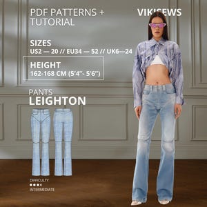 May include: A digital sewing pattern for Leighton pants by Vikisews, featuring a blue denim design with a flared silhouette. The image displays technical sketches of the pants, size ranges from US 2-20, and height specifications of 162-168 cm or 5'4"-5'6".