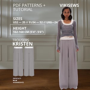 May include: A PDF sewing pattern and tutorial for Kristen trousers by Vikisews. The design features wide-leg trousers with a white waistband. The pattern includes sizes US 2-20, EU 34-52, and UK 6-24 for heights 5'4"-5'6". Difficulty level is intermediate.