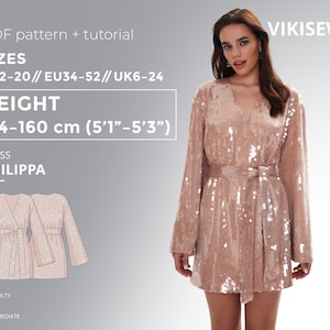 May include: A rose gold sequin wrap dress with long, wide sleeves and a matching tie belt. The text reads VIKISEWS, PDF pattern + tutorial, SIZES US2-20, EU34-52, UK6-24, HEIGHT 154-160 cm (5'1"-5'3"), DRESS PHILIPPA, and DIFFICULTY INTERMEDIATE.