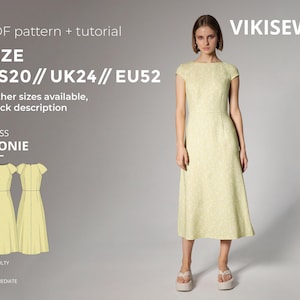 Puede incluir: Una mujer modela un vestido amarillo claro con un estampado floral. El vestido es talla EU52. La imagen incluye un diagrama de patrón y el texto "LEONIE" y "VIKISEWS". El nivel de dificultad es intermedio. Otras tallas disponibles.