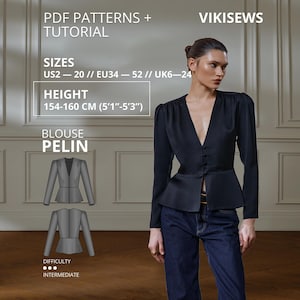 Puede incluir: Una blusa negra de manga larga con escote en V profundo, cierre frontal de botones y cintura con volante. La imagen incluye el texto: PDF PATTERNS + TUTORIAL, VIKISEWS, SIZES US2-20, HEIGHT 154-160 CM, BLOUSE PELIN y DIFFICULTY INTERMEDIATE.