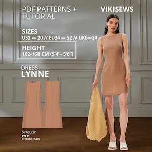 May include: A PDF sewing pattern for the Lynne dress by Vikisews, featuring a sleeveless, knee-length design. The text includes sizes US 2-20, EU 34-52, UK 6-24, and height 162-168 cm (5'4"-5'6"). The pattern is rated as an intermediate difficulty level.