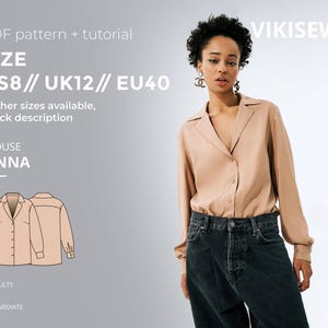 May include: A woman wearing a tan blouse and dark jeans. The image includes a diagram of the blouse and text that reads "PDF pattern + tutorial", "SIZE US8 // UK12 // EU40", and "BLOUSE JENNA". The difficulty level is listed as intermediate.
