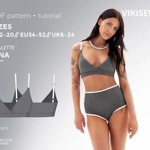 Może przedstawiać: Szary zestaw braletki i szortów z wysokim stanem z białym wykończeniem. Obraz zawiera schemat braletki oraz tekst "PDF pattern + tutorial", "ROZMIARY EU34-52", i "SUITABLE FOR BEGINNERS". Widoczna jest również nazwa marki "VIKISEWS".