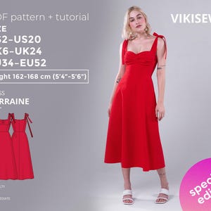 Puede incluir: Patrón de vestido Lorraine rojo con tutorial. El patrón incluye tallas US2-US20, UK6-UK24 y EU34-EU52, para alturas de 162-168 cm (5'4"-5'6"). El vestido tiene tirantes anudados y largo midi. Dificultad intermedia.