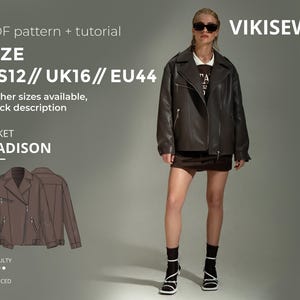 May include: A woman wearing a dark brown leather jacket with a zipper closure, paired with a mini skirt and black heels. The image includes text that says "VIKISEWS" and "JACKET MADISON". The jacket is available in size US12.