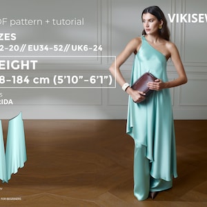 Farida Dress pdf Sewing Pattern EU 34-52 UK 6-24 US 2-20| Dress Sewing Pattern Bias Cut Dress One Shoulder Slip Dress Height 178-184 cm