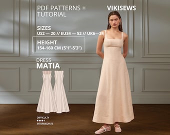 Matia Dress pdf Sewing Pattern EU 34-52 UK 6-24 US 2-20| Dress Sewing Pattern Semi-Fitted Dress Sewing Pattern Flared Skirt Height 154-160cm