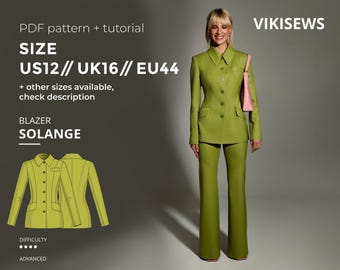 Solange classic blazer sewing pattern with tutorial size US 12 UK 16 EU 44