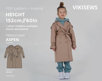 Aspen girls Trench Coat, kids Trench Coat sewing pattern with tutorial height 60 in 152 cm