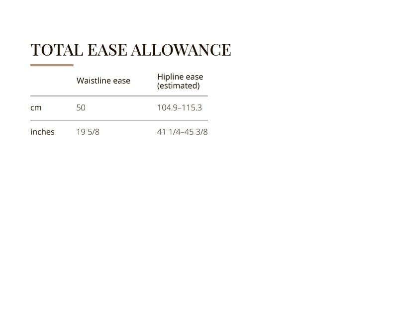 May include: A white background with the text "TOTAL EASE ALLOWANCE" in a dark brown font. The text is followed by a table showing waistline and hipline ease measurements. Waistline ease is 19 5/8 inches, and hipline ease is 41 1/4-45 3/8 inches.