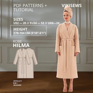 Robe Sewing Tutorial Hilma Size EU34-EU52 178-184cm height, DIY Robe PDF Pattern, Plus Size Loungewear & Morning Dress Pattern for Women