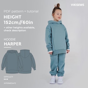 Girls&#39; Harper Hoodie Sewing Pattern: Trendy DIY Kids&#39; Design (Height 60in 152cm, PDF Pattern)