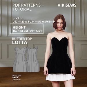 May include: A black strapless bustier top with a sweetheart neckline and a white pleated skirt hem. Text includes PDF PATTERNS + TUTORIAL, VIKISEWS, SIZES US2-20, EU34-52, UK6-24, HEIGHT 162-168 CM (5'4"-5'6"), BUSTIER TOP LOTTA, and DIFFICULTY ADVANCED.
