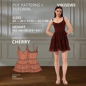 Puede incluir: Un vestido marrón sin mangas con corpiño ajustado y falda acampanada con volantes. La imagen incluye el texto: PDF PATTERNS + TUTORIAL, VIKISEWS, SIZES US 20, EU 34-52, UK 24, HEIGHT 162-168 CM, DRESS CHERRY, DIFFICULTY INTERMEDIATE.