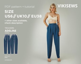 Adeline Trousers Sewing Pattern US 6 UK 10 EU 38  |Tailored Trousers Sewing Pattern Printable Trousers Pants Pattern Women Trouser Pattern