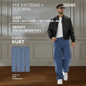 May include: A digital sewing pattern for Kurt pants by Vikisews, featuring a technical illustration of blue denim trousers. The text includes PDF PATTERNS + TUTORIAL, SIZES US28-44, HEIGHT 178-184 CM (5'8"-5'9"), and DIFFICULTY INTERMEDIATE.