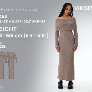 Hazel Dress pdf Sewing Pattern EU 34-52 UK 6-24 US 2-20| Dress Sewing Pattern Off-Shoulder Knit Dress  Ankle-Length Dress Height 162-168 cm